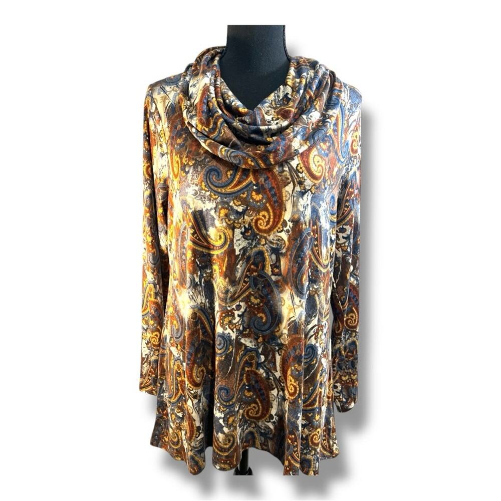 INTRO Brown Blue Gold Rust Paisley Cowl Neck Tunic Hi Lo Long Sleeve Top NWT M